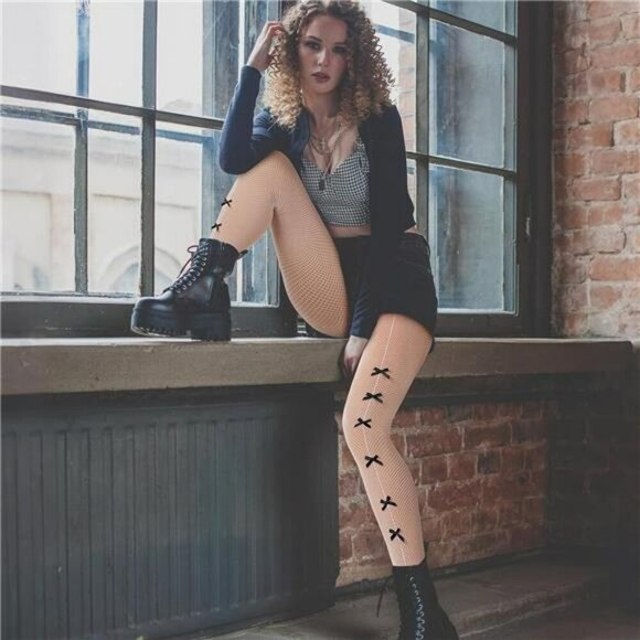 Y2k Bow Fishnet Tights Lolita Lace Mesh Stockings Coquette Thigh High Set - Picture 5 of 8